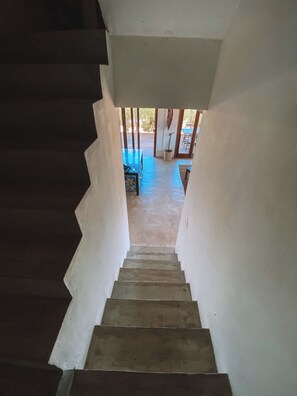 Una scala conduce a una zona esterna con un patio in legno e una pianta in vaso.