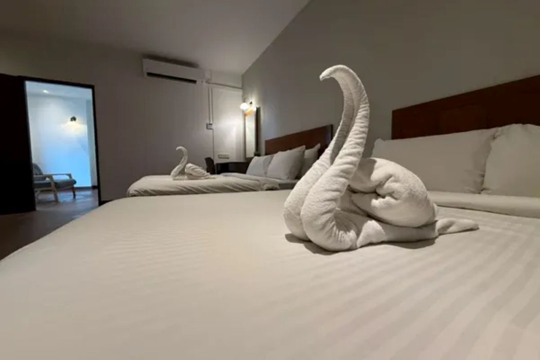 Habitación de hotel con dos camas, una decoración de toalla con forma de cisne y vistas al exterior.