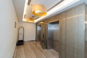 A modern elevator with metallic finish, a wall-mounted handrail, and a ceiling light fixture.