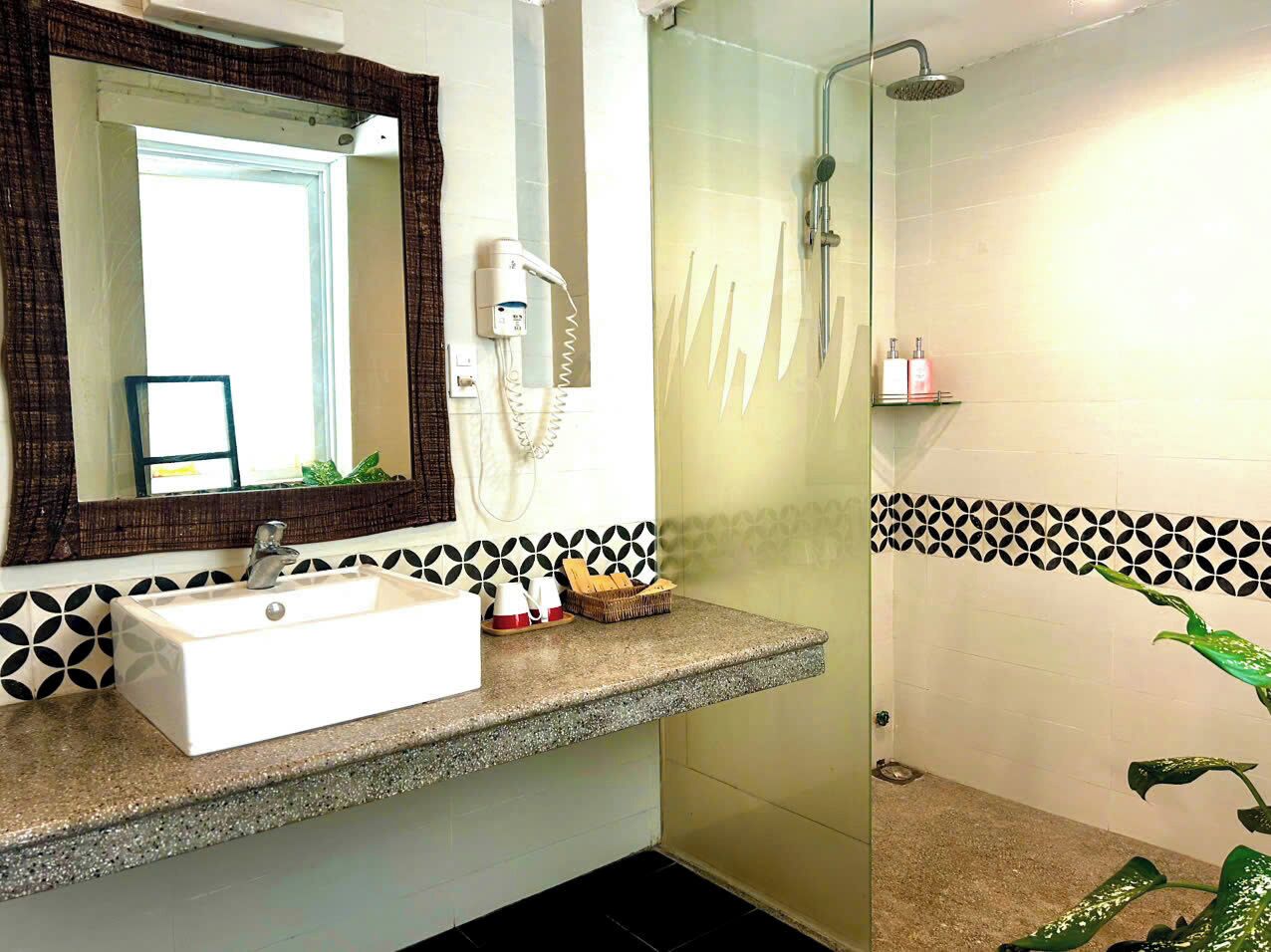 Shower, hair dryer, bidet, towels