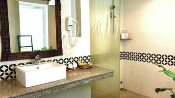 Shower, hair dryer, bidet, towels