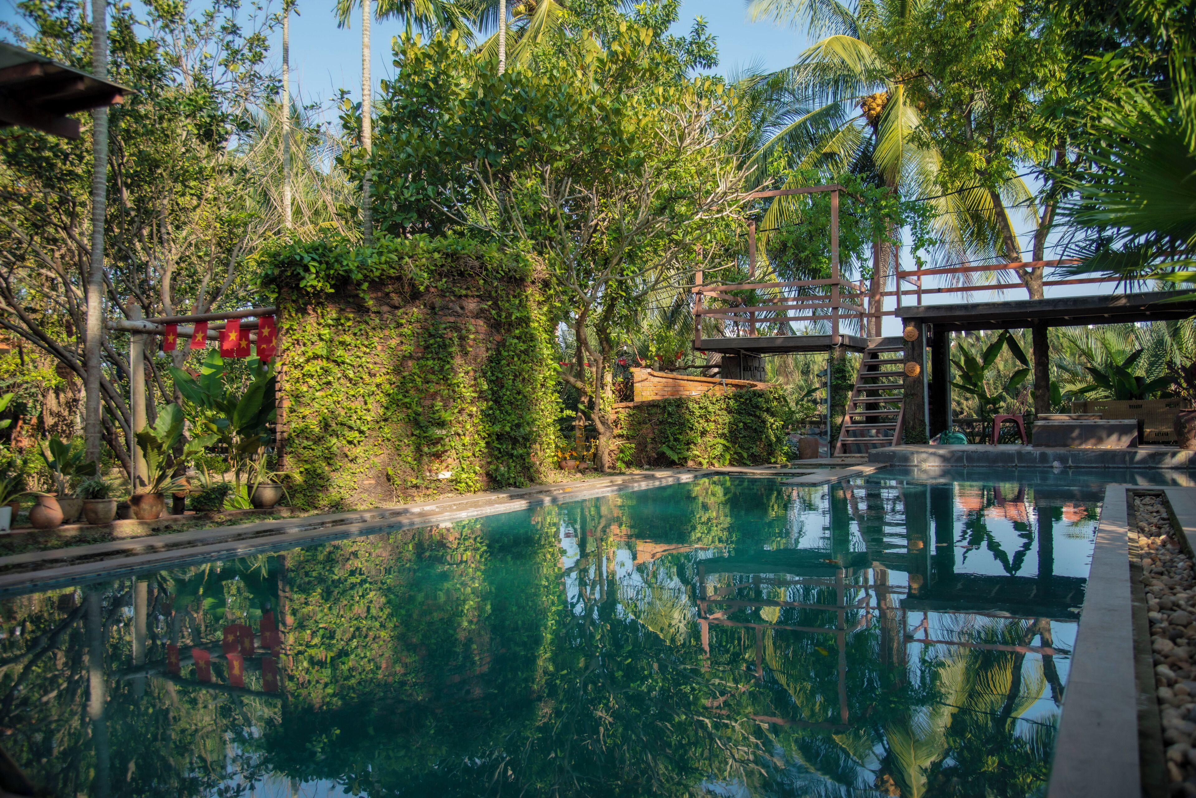 A swimming pool surrounded by lush greenery and a wooden bridge.