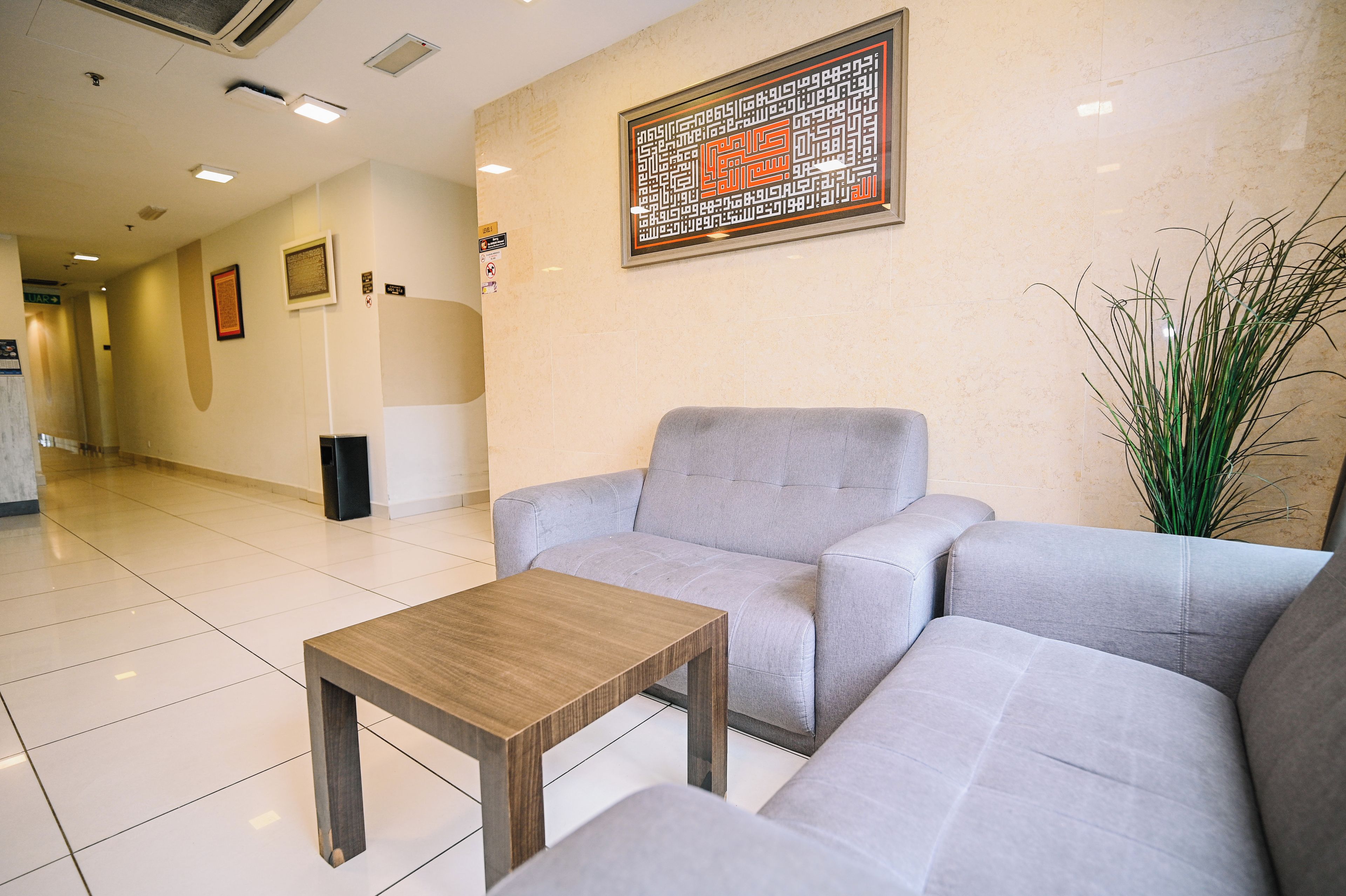 Un hall con un sofá gris, una mesa de centro de madera y una planta en maceta.