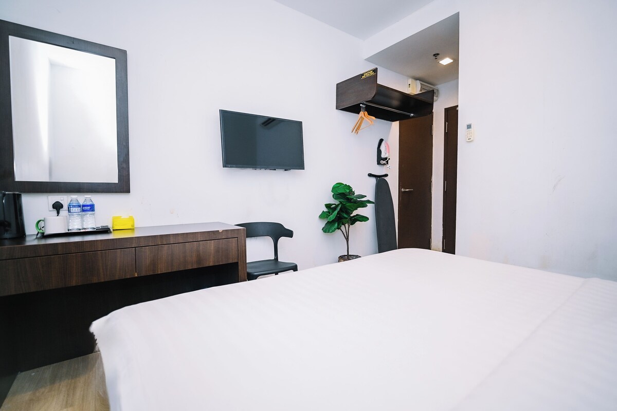 Habitación de hotel con una cama, un escritorio con espejo, televisor, una planta y una puerta con cerradura electrónica.