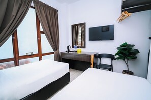 Habitación de hotel con cama, escritorio, silla, televisor y planta en maceta.