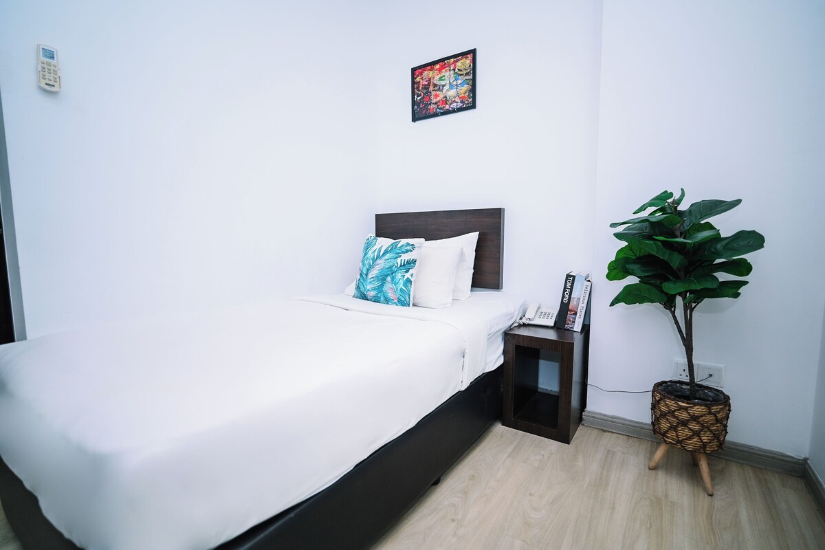 Habitación de hotel con cama, mesita de noche, teléfono, planta y un cuadro en la pared.