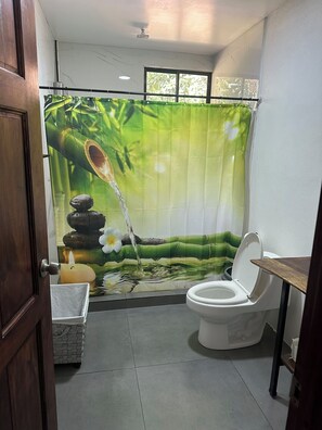 Secadora de cabello, toallas, jabón, papel de baño 