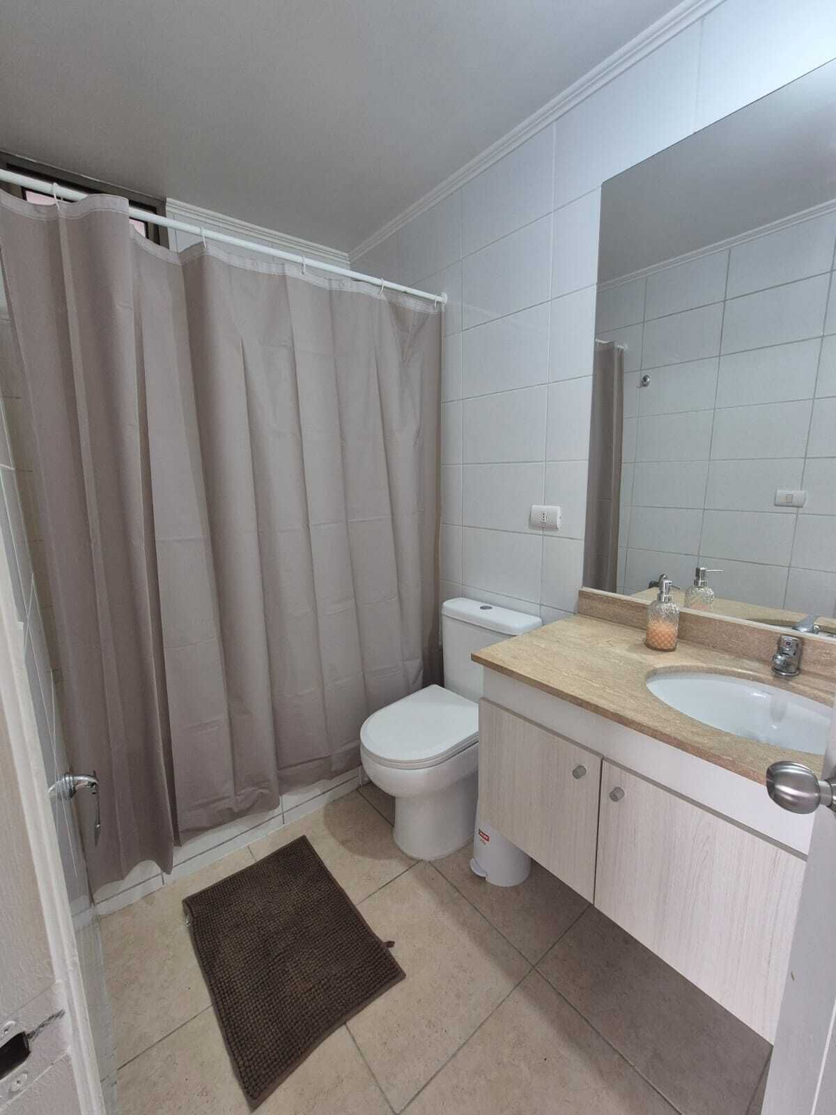 A bathroom with a shower curtain, toilet, sink, and mirror.