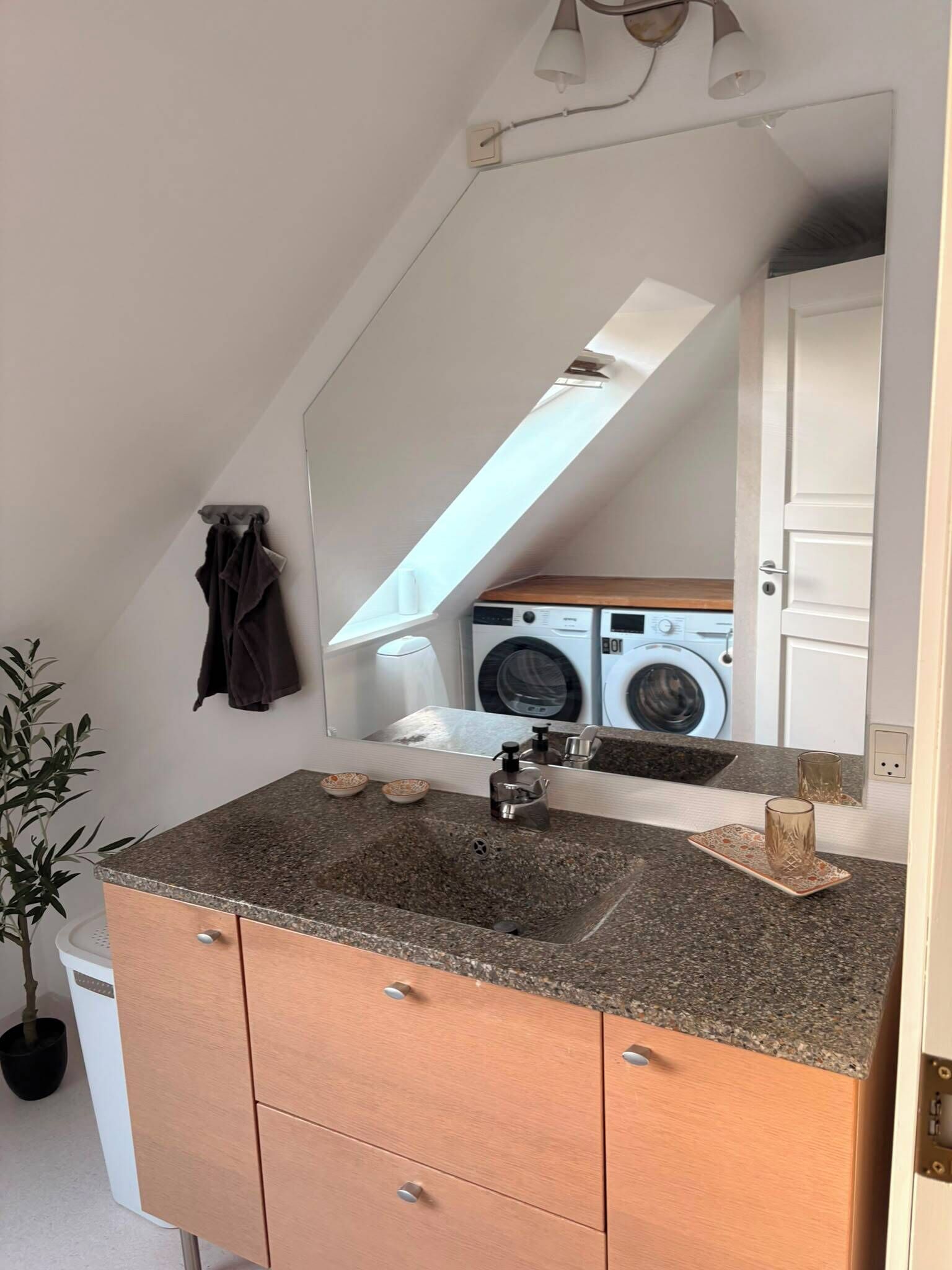Un bagno con un piano di lavoro in granito, un lavandino, uno specchio, un portasciugamani, una pianta in vaso e una lavatrice sullo sfondo.