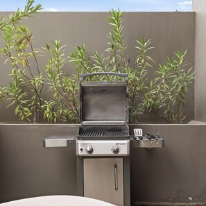 Ein tragbarer Spirit-Grill mit Bedienfeld, einem Seitenbrenner und einem Spatelhalter, vor einer Wand mit Grünpflanzen.