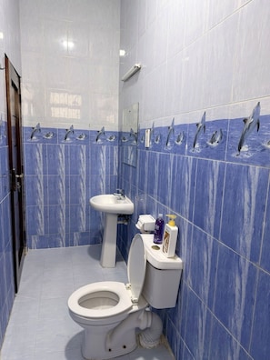 A bathroom with a toilet, sink, and shower area. - Modern 3BR Nyali Apartment with AC, Wi-Fi and Backup Generator (Mombasa)