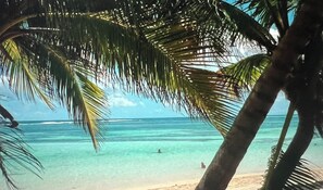 Eine Strandansicht mit klarem türkisblauem Wasser, einer Person im Wasser und Palmen, die den Blick einrahmen.
