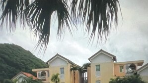 A swimming pool with a white fence, surrounded by greenery and buildings with multiple windows. - Ti Case Sainte Anne, Martinique (Sainte-Anne)