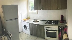 A compact kitchen with a washing machine, a refrigerator, a sink, and an oven. - Ti Case Sainte Anne, Martinique (Sainte-Anne)