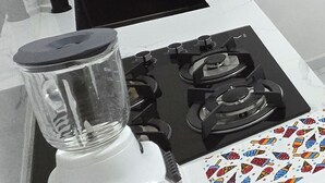 Fridge, microwave, stovetop, cookware/dishes/utensils