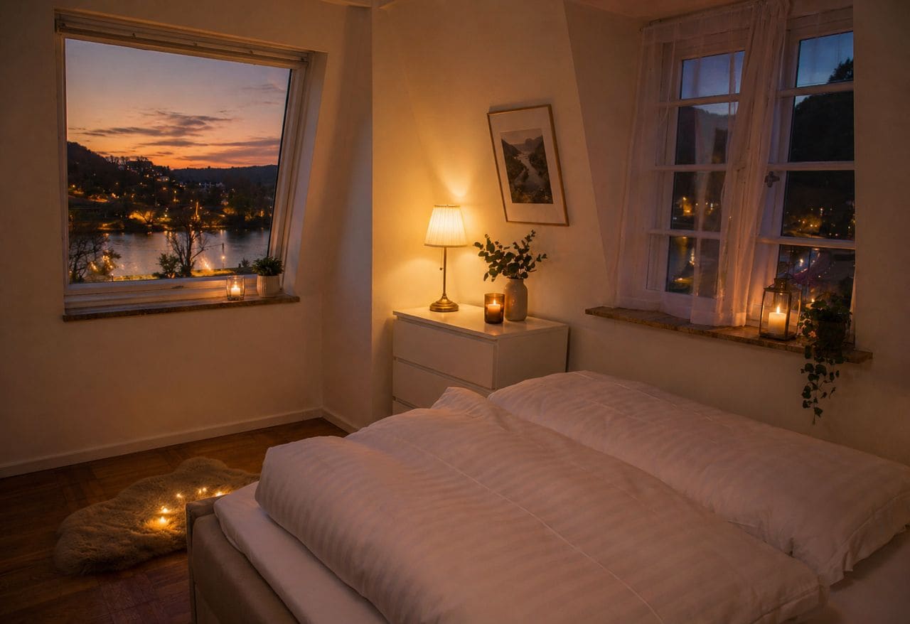 A bedroom with a large bed, a nightstand with a lamp, a window with a view of a town, and a small rug.