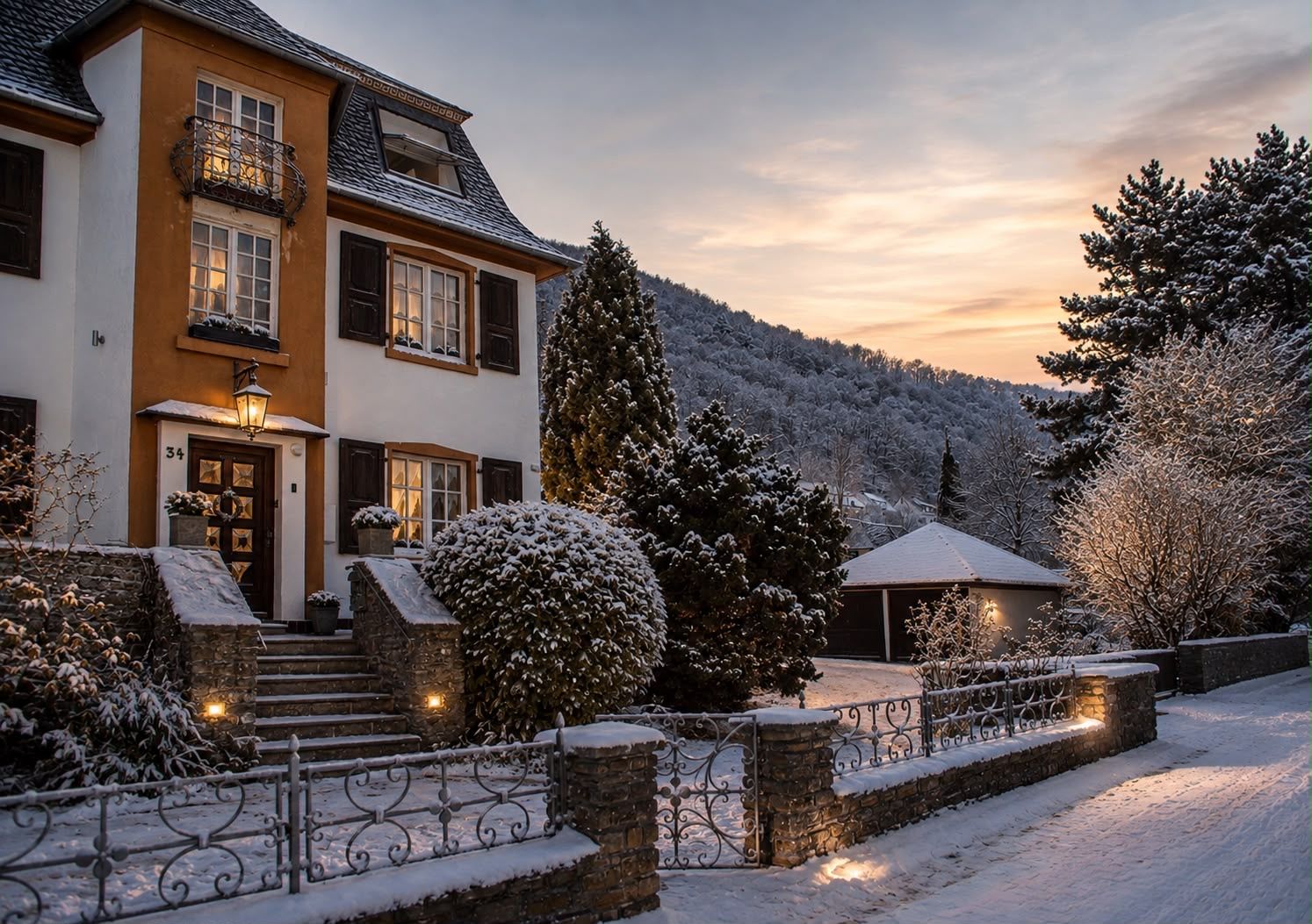 Una casa de dos pisos con una escalera de piedra que conduce a la entrada, rodeada de árboles cubiertos de nieve y una montaña al fondo.