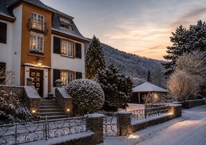 A two-story house with a stone staircase leading to the entrance, surrounded by snow-covered trees and a mountain in the background. - Villa Ardoise (Brodenbach)