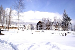 A snow-covered landscape with multiple buildings, including a prominent two-story house with a sloped roof, surrounded by trees and a clear sky. - Apartment with Tatra Panorama View (Stary Smokovec)