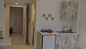 Una cocina compacta con refrigerador integrado, un lavamanos y una pequeña encimera.