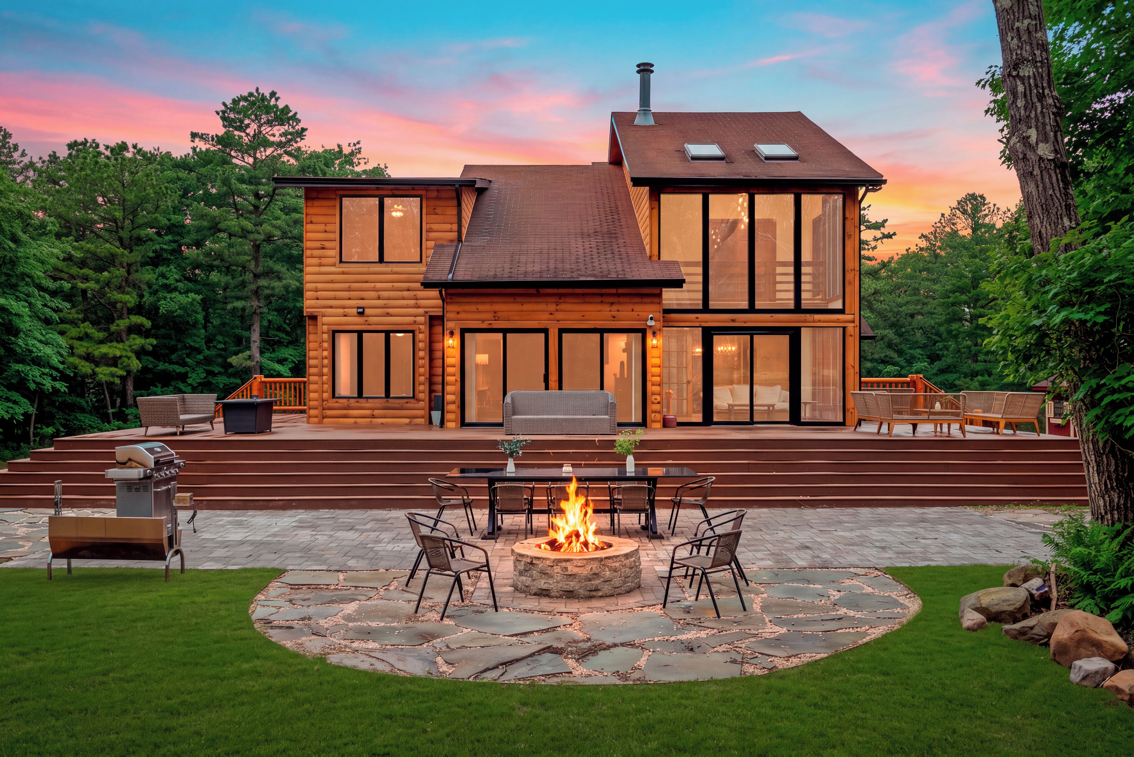 Outdoor fun spans the expansive deck and stone patio, with lounge seating and plenty of room to gather.