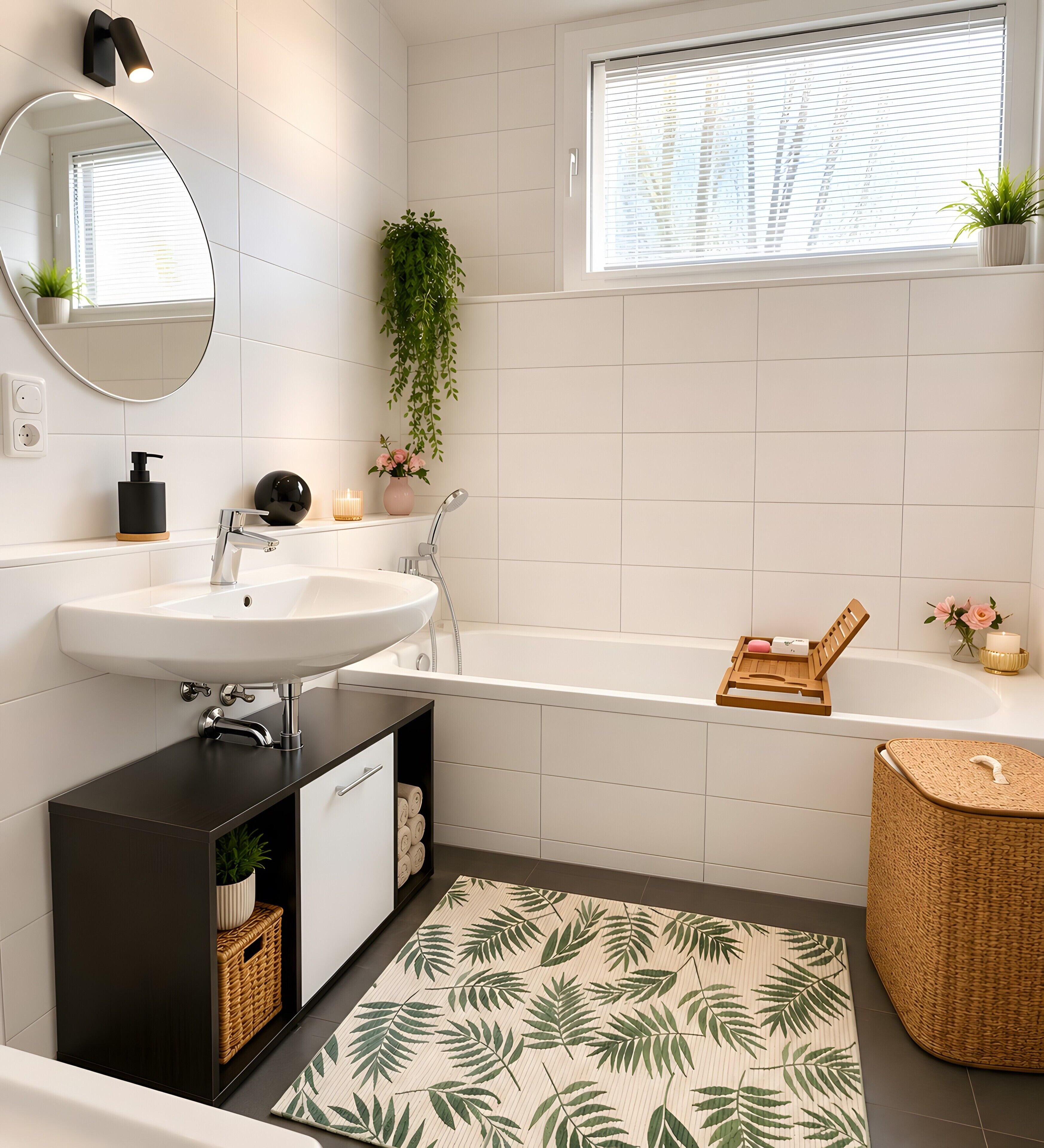 Une salle de bain moderne avec un lavabo blanc, une baignoire, un miroir et une plante en pot.