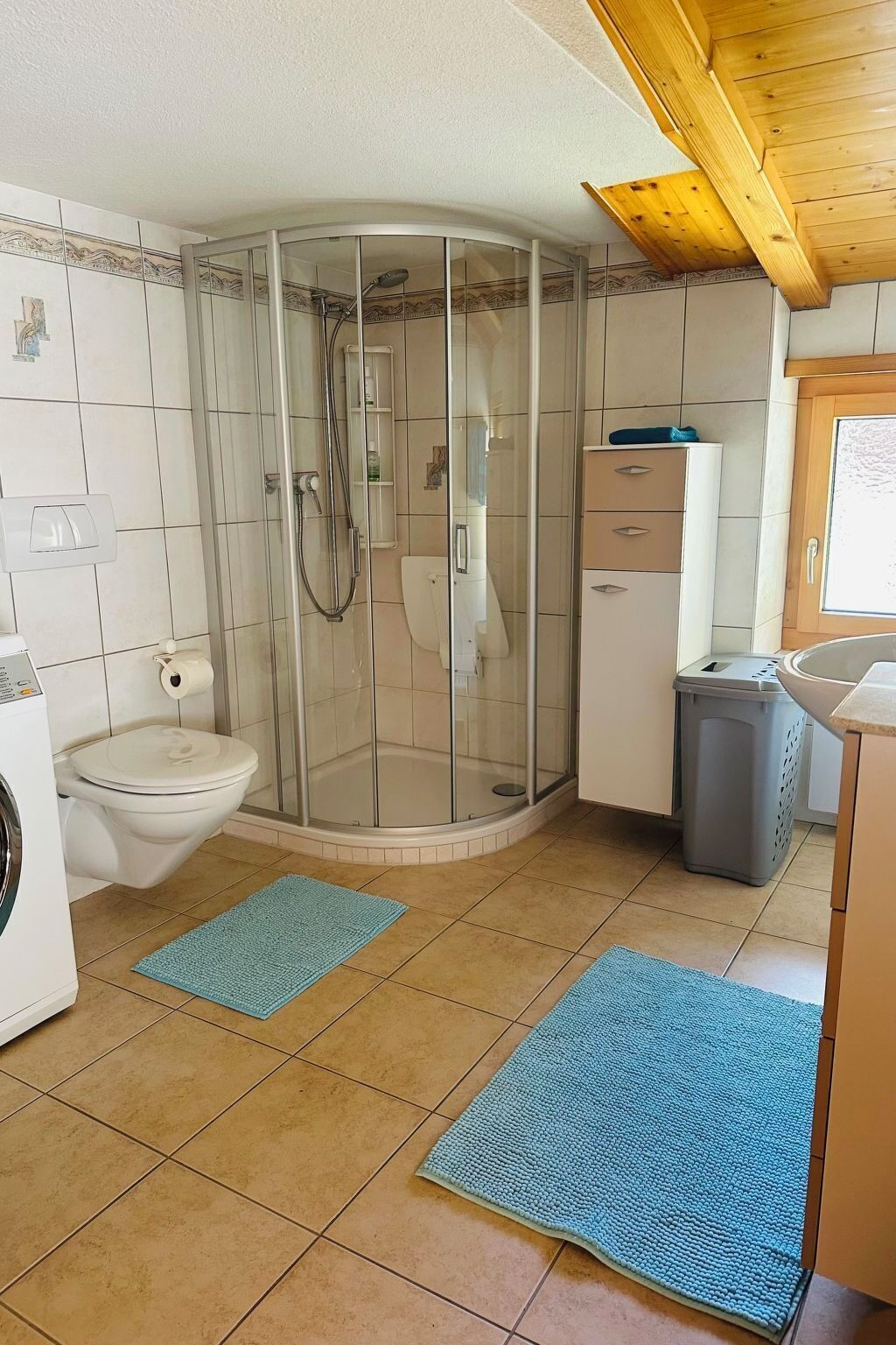 A bathroom with a glass-enclosed shower, a toilet, a washing machine, and a trash bin.