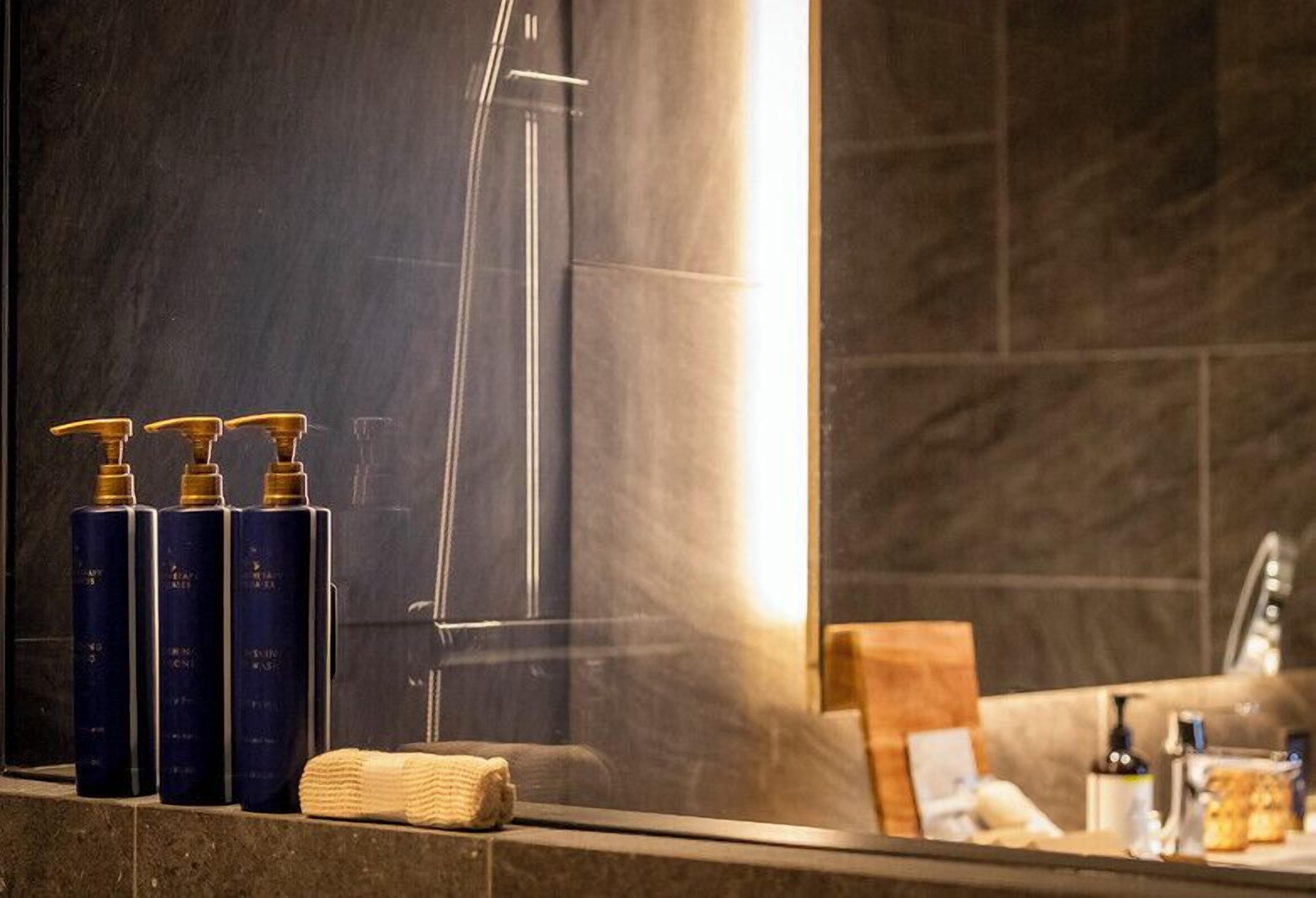 Hair dryer, towels, soap, shampoo