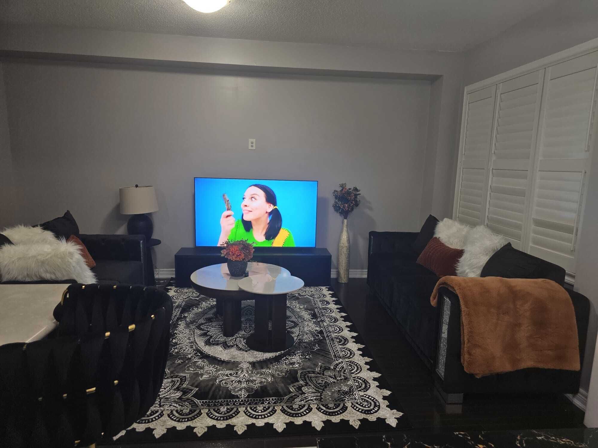 Un salon comprenant un téléviseur, deux canapés, une table basse, une lampe et un tapis à motifs.