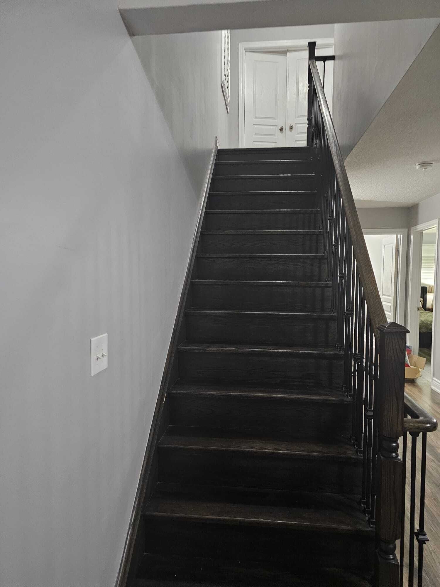 A staircase with a handrail, leading to a door at the top.