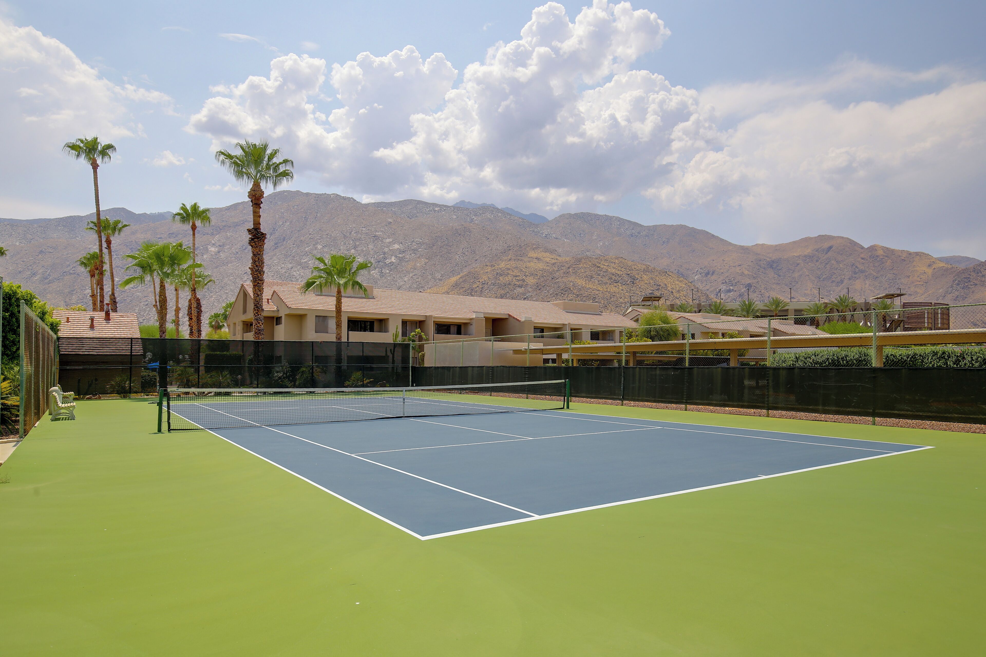 An outdoor tennis court with a net, surrounded by palm trees and buildings, with mountains in the background.
