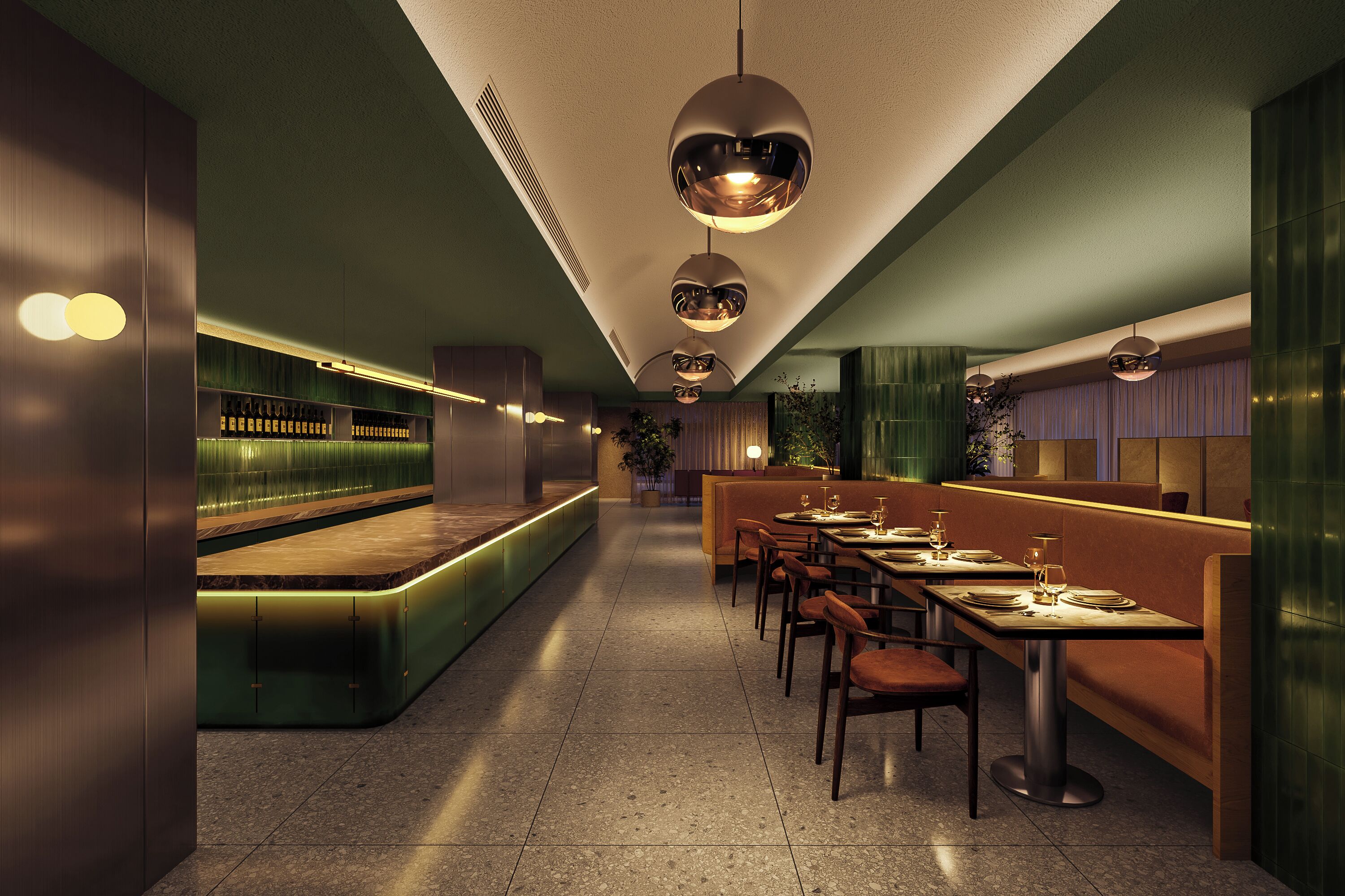 A modern restaurant interior with a long counter, multiple seating areas, and pendant lighting.