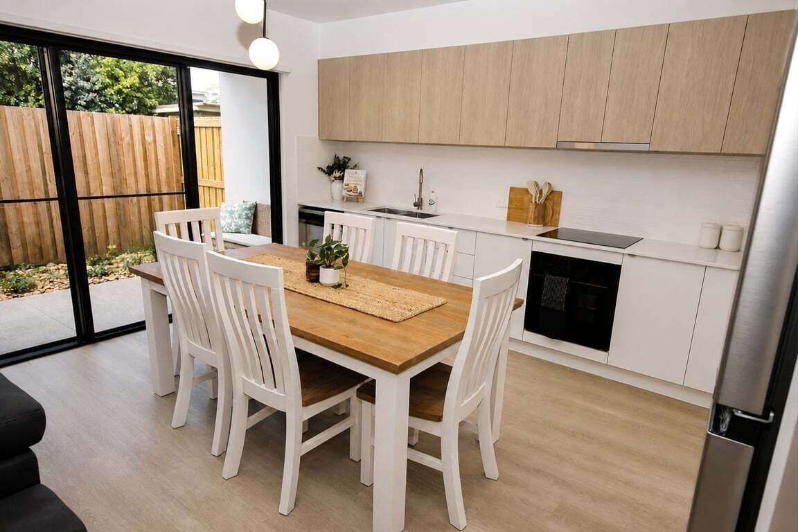 A modern kitchen with white cabinetry, a wooden dining table, and chairs.