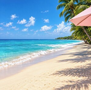 A beach with clear turquoise water, a sandy shore, and palm trees. - Panthera Terra #4 - By ZenBreak (Mount Standfast)