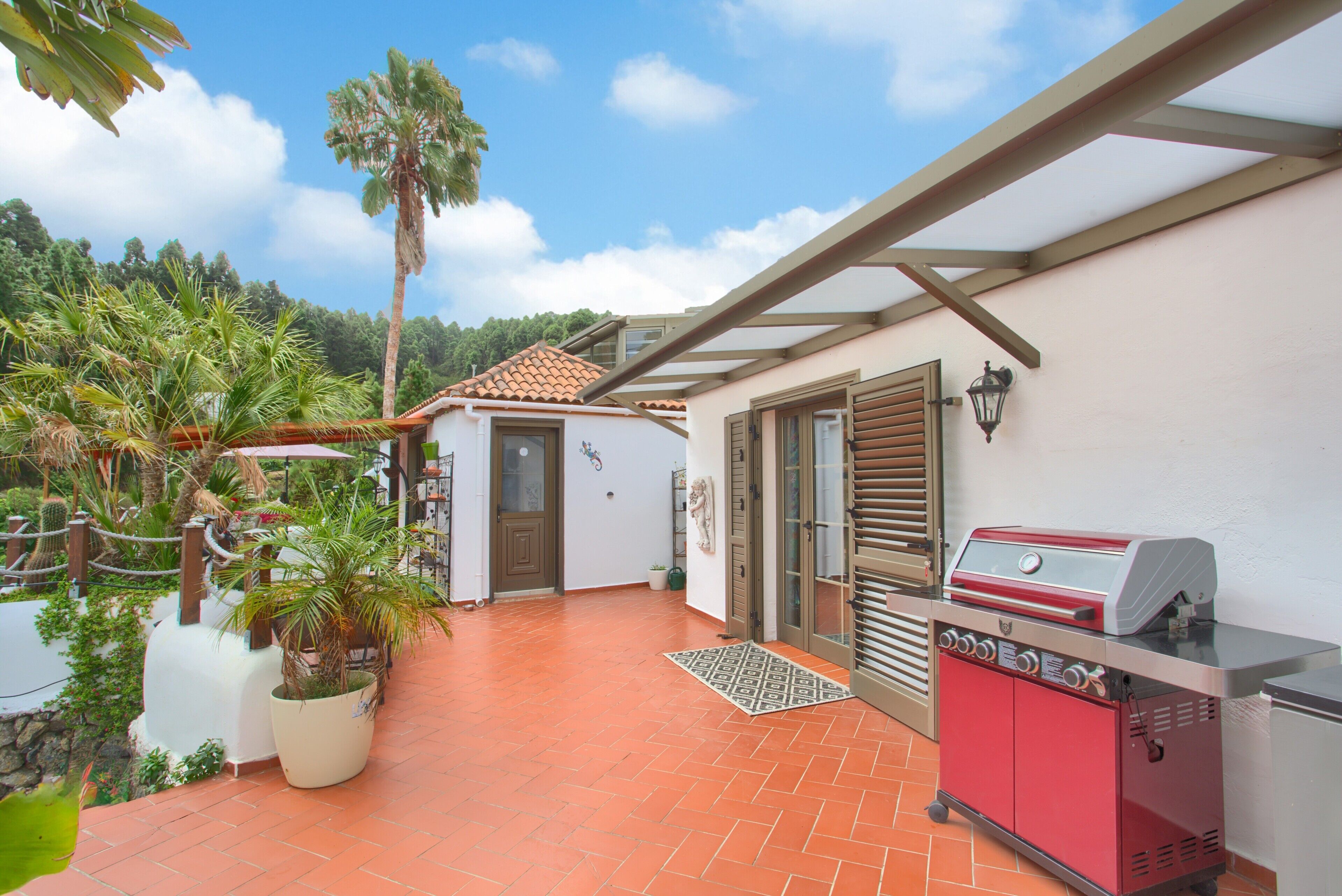 Eine Terrasse mit Grill, einer Glastür und einem Blumentopf.