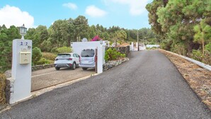 A paved driveway leading to a gated entrance with two parked cars, surrounded by greenery and trees.
