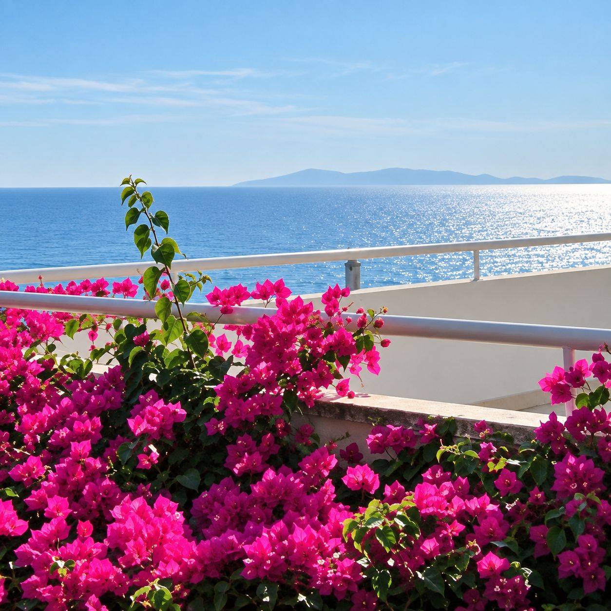 A balcony with a railing overlooking a body of water and a distant landmass.