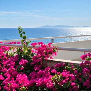 A balcony with a railing overlooking a body of water and a distant landmass.