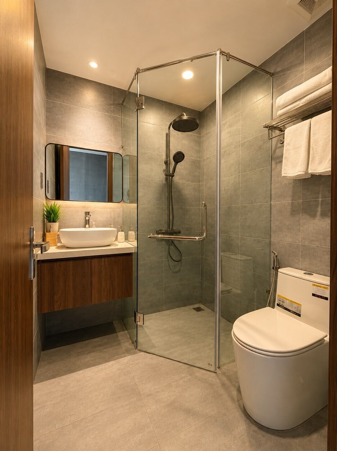 A modern bathroom with a glass-enclosed shower, a sink with a mirror above, and a toilet.