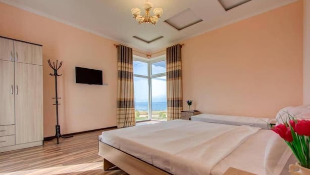 A bedroom with a large bed, a TV, a coat rack, and a view of the outdoors.