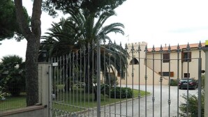 A gated entrance with a metal fence, a palm tree, and a building with a tiled roof.