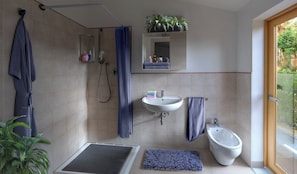 Een douche, een bidet, handdoeken, toiletpapier