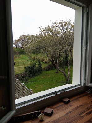 A room with a large window overlooking a garden with trees and grass. - A townhouse in the countryside by the sea. 30 m². Small dogs are allowed. (Saint-Michel-Chef-Chef)