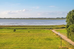 Eine Küstenlandschaft mit einem Sandweg, der zu einer Sitzgelegenheit führt und auf ein großes Gewässer blickt.