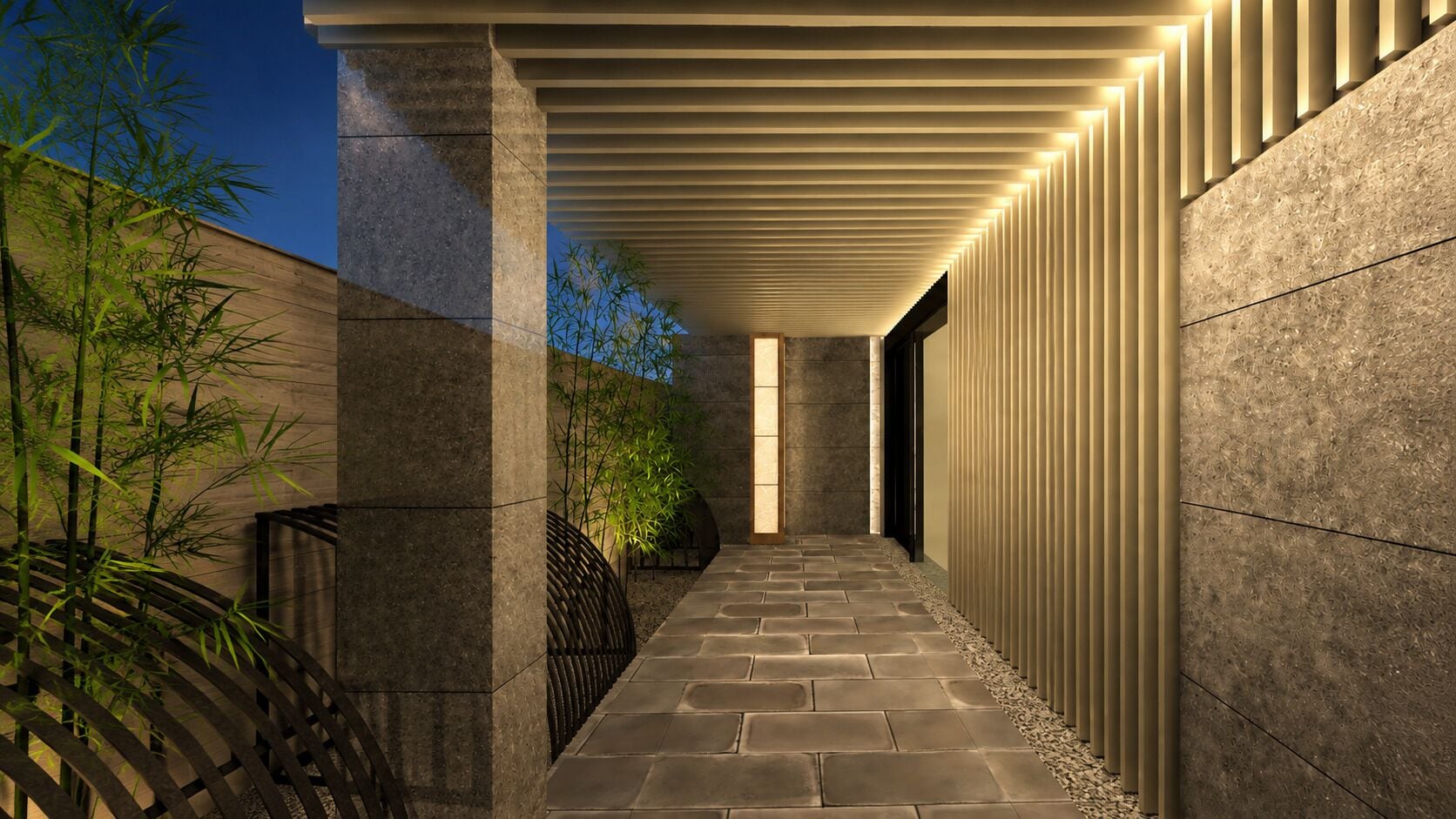 A corridor with a stone floor, a bamboo plant on the left, and a patterned wall on the right.