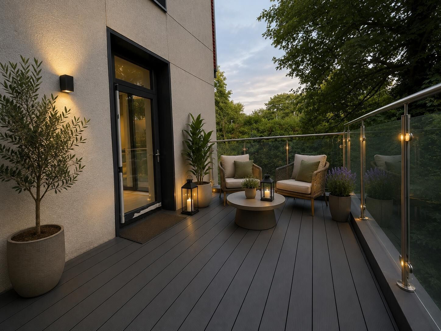 Une terrasse avec deux chaises, une table et des plantes en pot.