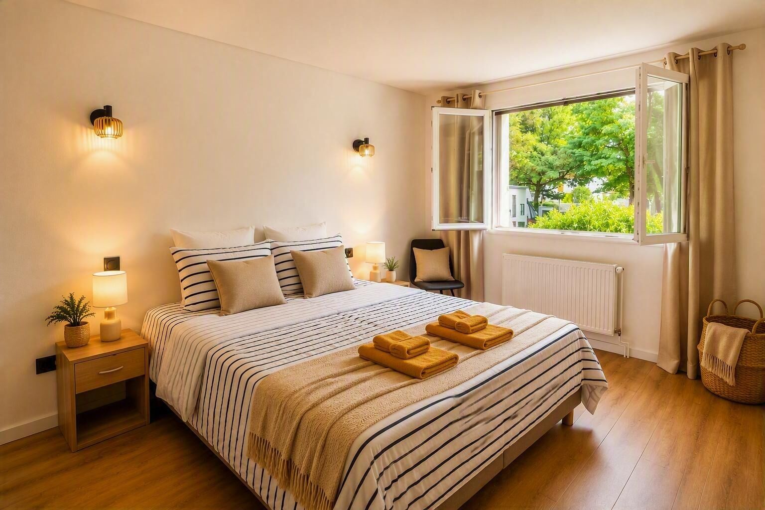 Une chambre d’hôtel avec un lit, des lampes de chevet, une fenêtre avec des rideaux, un radiateur et un plancher en bois.