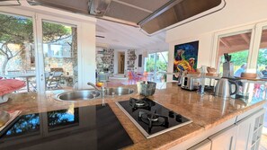 A modern kitchen with a central island, stainless steel sink, and a gas stove. - Charming villa with ocean views and a wooded estate. (Cargèse)