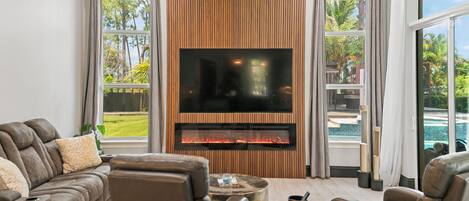 Luxury Villa, Patio, Garden View | Living room | 55-inch Smart TV with digital channels