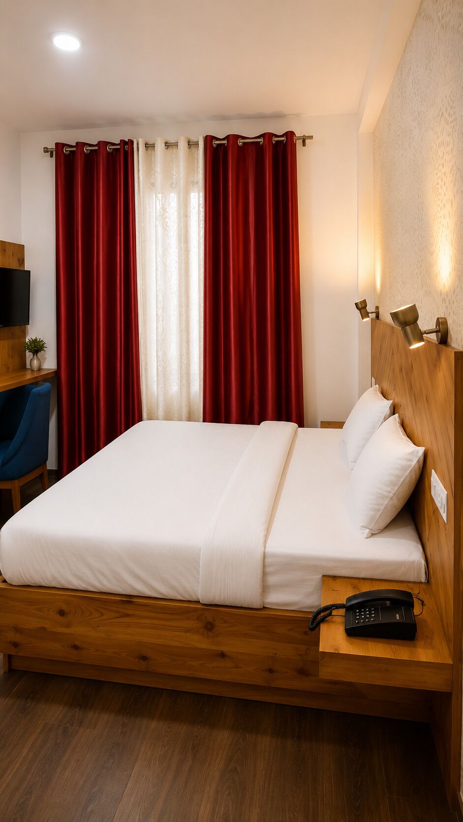 A hotel room with a wooden bed, a bedside telephone, and a desk with a chair.